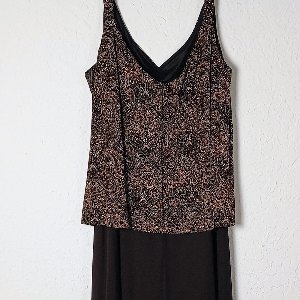 Vintage Y2K Alex Evenings Brown Gold Paisley Glitter Maxi Dress Formal Gown 16